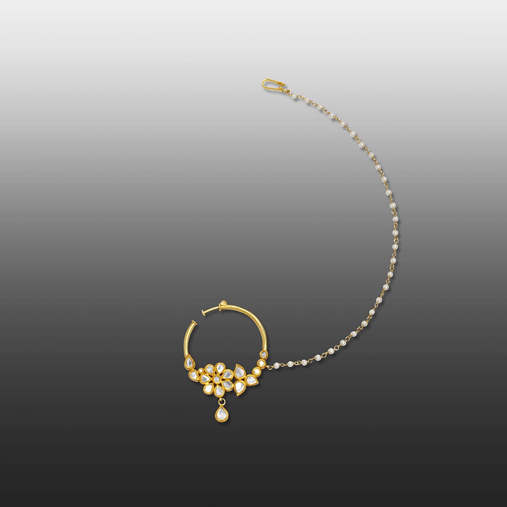 Polki Floral Nath with Gold Setting and Pearl String Support